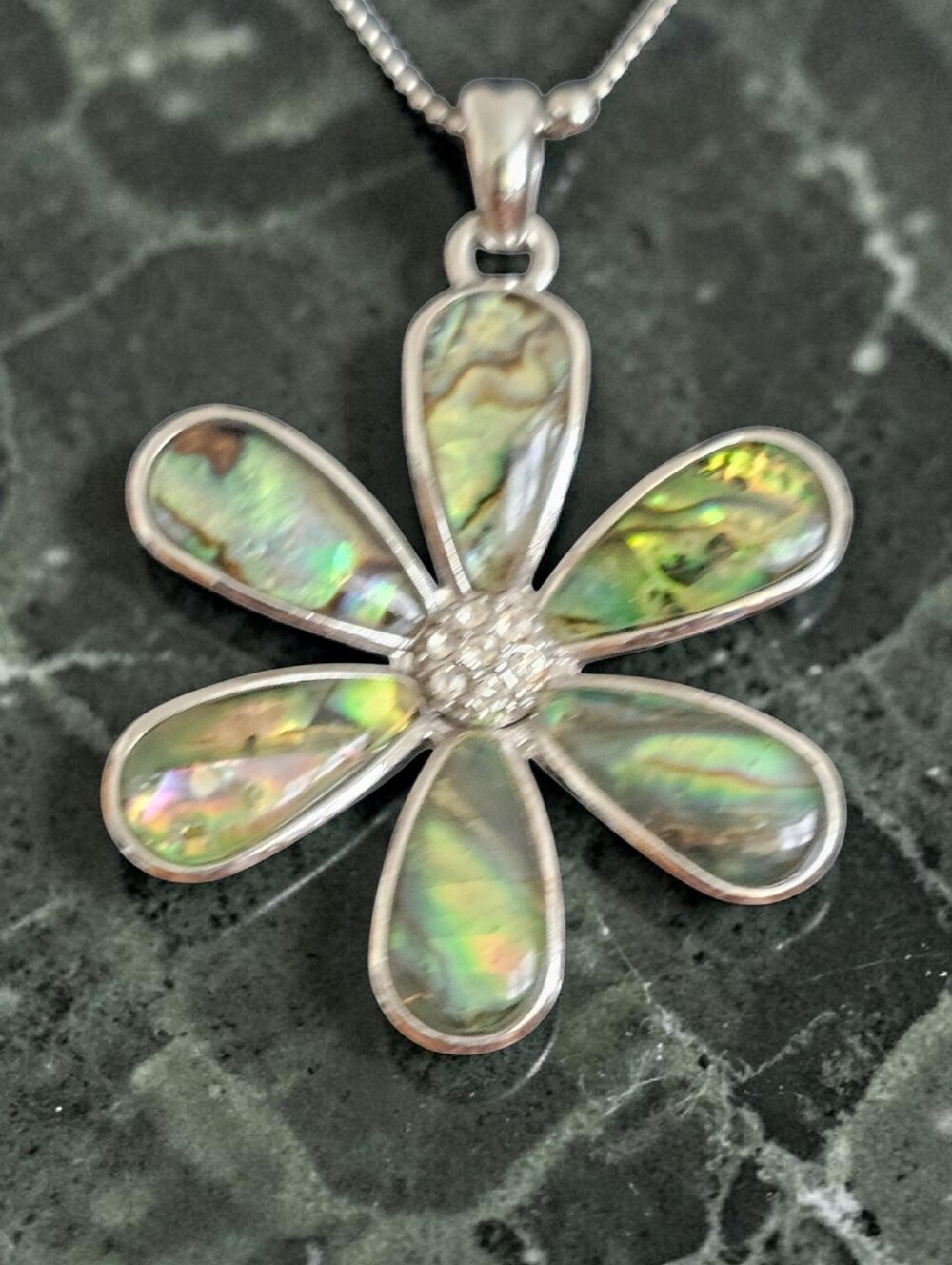 Lia Sophia Abalone Shell Flower Pendant Necklace Silver Tone Crystal Center 19"